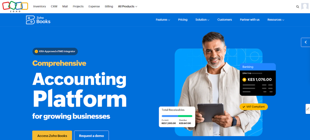 A screenshot of Zoho Books homepage