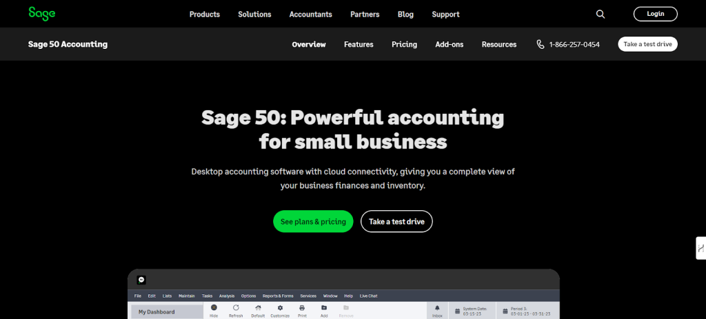 A screenshot of Sage 50 Accounting homepage