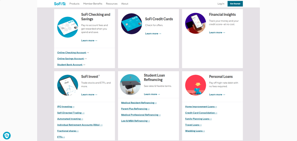 A screenshot showing SoFi products like SoFi Checking and Savings, SoFi Credit Cards, SoFi Invest, etc.