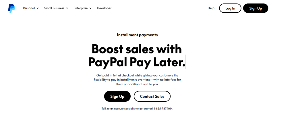 A screenshot of PayPal Pay Later homepage