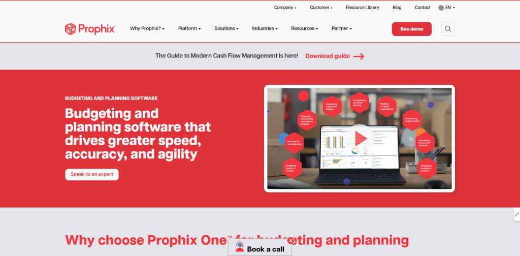 A screenshot of Prophix homepage